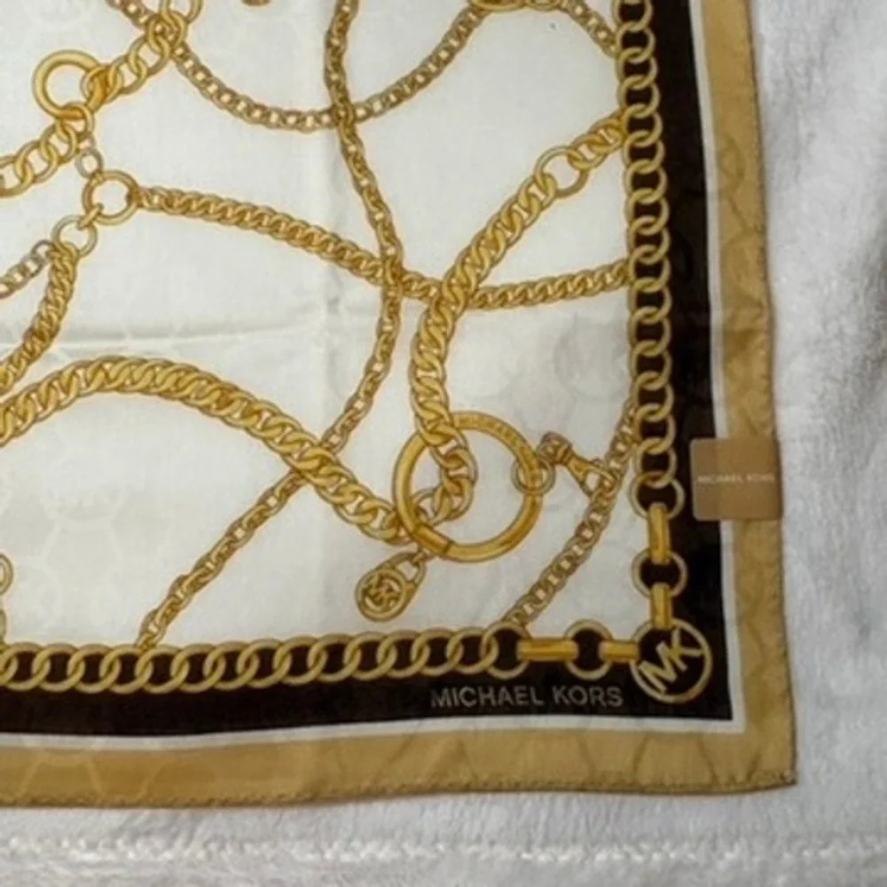 Vtg MICHAEL KORS Scarf Handkerchief Chain Link Cotton White Brown 20